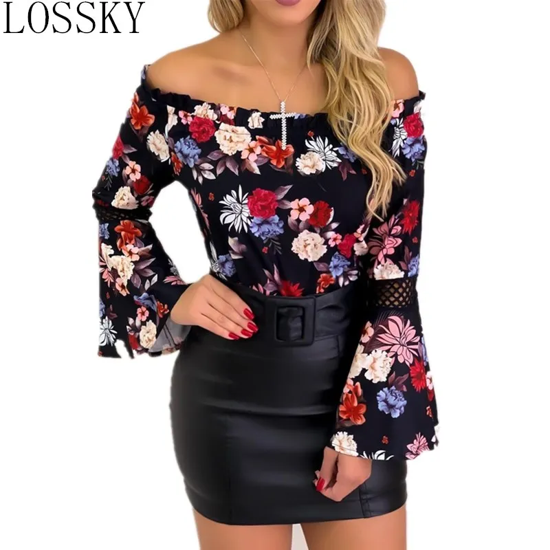 

New Blouse Women Sexy Off Shoulder Slash Neck Shirt Long Flare Sleeve Women Tops Slim Torridity Ladies Shirts