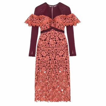 

Long Dress Women Elegant 2018 Spring Summer Dress Crochet Flower Embroidery Runway Sexy Hollow Out Long Sleeve Party Lace Dress