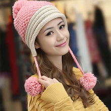 BomHCS Милая вязаная шапка с ушками для женщин и девушек, осенне-зимняя теплая шерстяная ручная шапочка, шапки с шариками