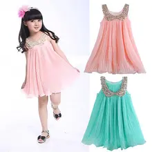 2015 Kids Baby Girls Sequins Chiffon Pleated Sundress Princess Party Dress 2-8Y