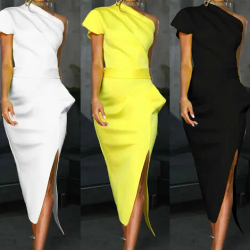 

Women One Shoulder Bodycon Midi Dress 2019 New Slim Fashion Sexy Evening Party Club Formal Ruffle Pencil Dresses