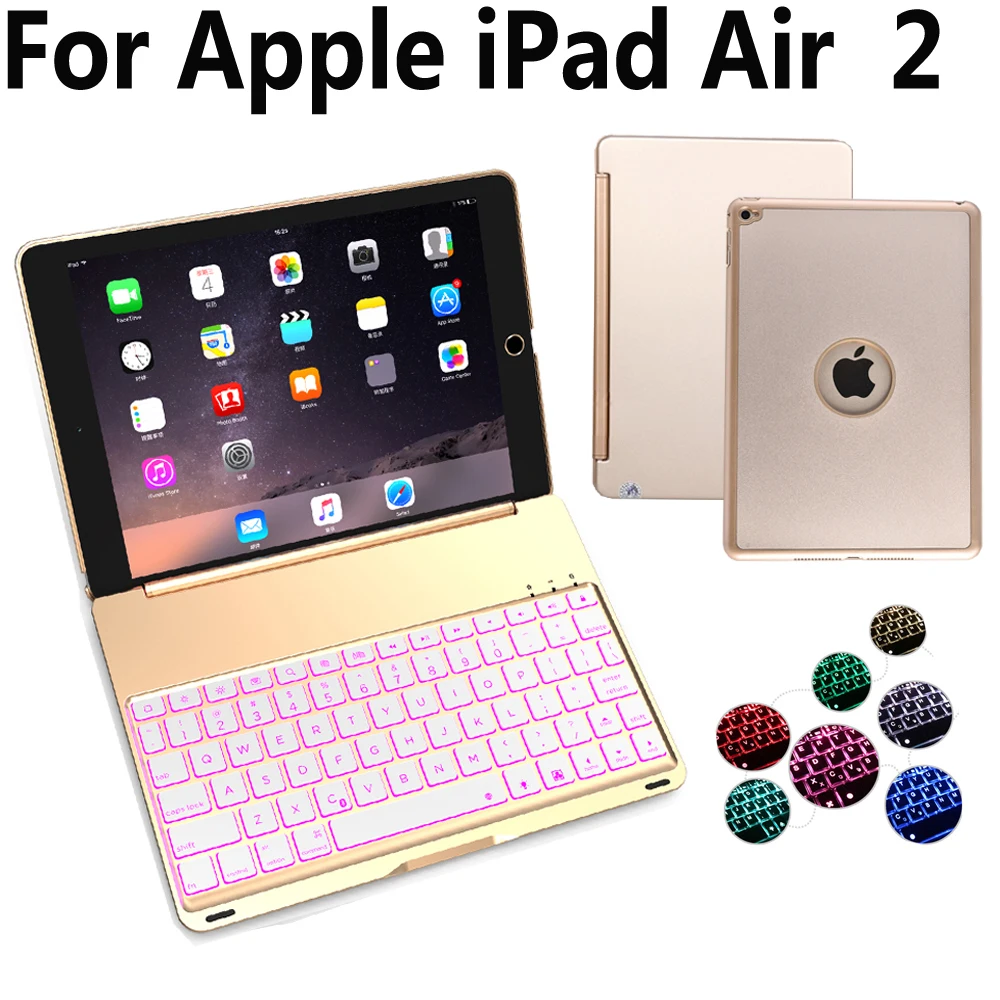 7 Colorful Backlit Aluminum Wireless Bluetooth Keyboard Cover Case for Apple iPad Air 2/Air2 iPad 6 9.7 A1566 A1567 + Film + Pen 7 Colorful Backlit Aluminum Wireless Bluetooth Keyboard Cover Case for Apple iPad Air 2/Air2 iPad 6 9.7 A1566 A1567 + Film + Pen