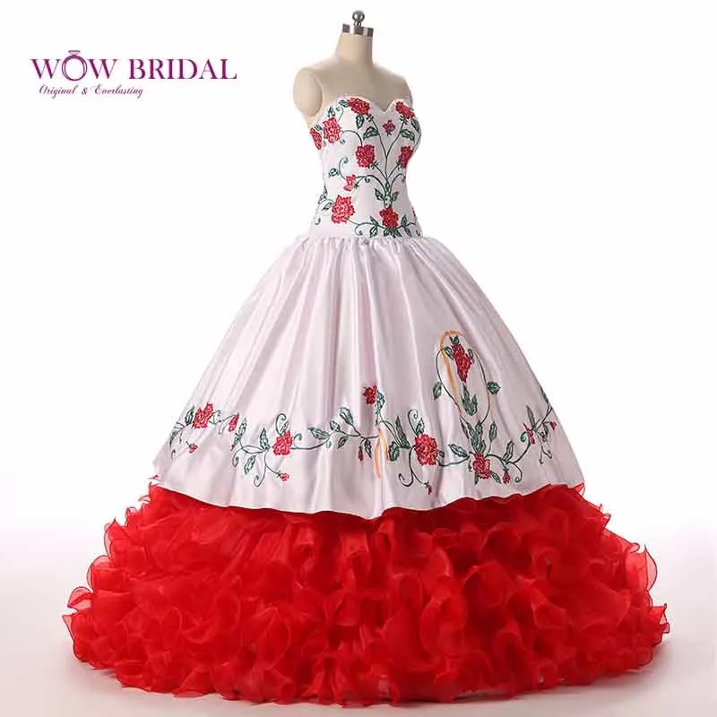 Wowbridal роскошный белый красный Вышивка Quinceanera платье бальное платье оборками из органзы Слои сладкий 16 платье Vestido De 15