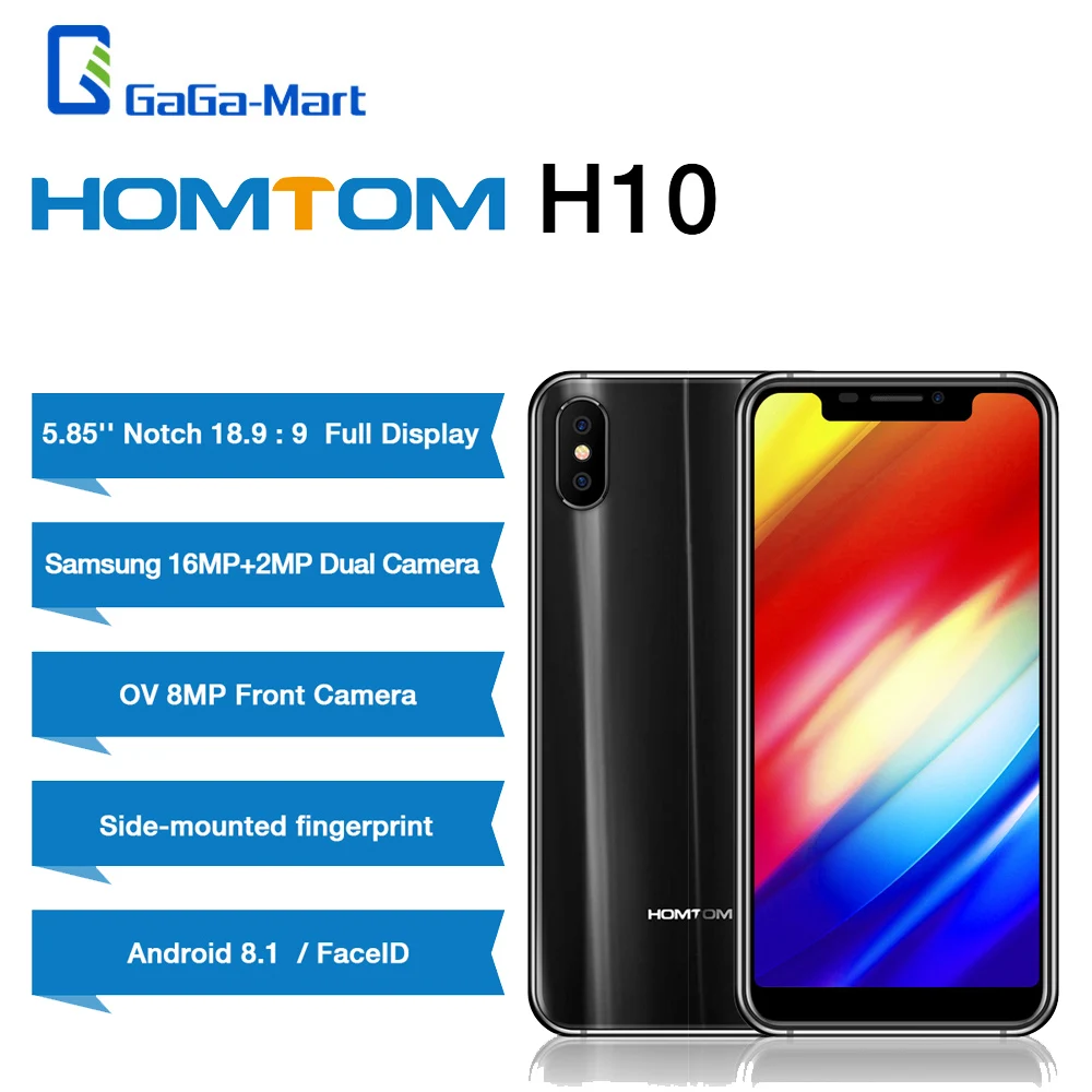 Мобильный телефон HOMTOM H10, 4 Гб ОЗУ, 64 Гб ПЗУ, четыре ядра, 5,85 дюйма, 4G, Android 8,1, распознавание лица, MTK6750, 3500 мА/ч, 16 МП, боковой отпечаток пальца