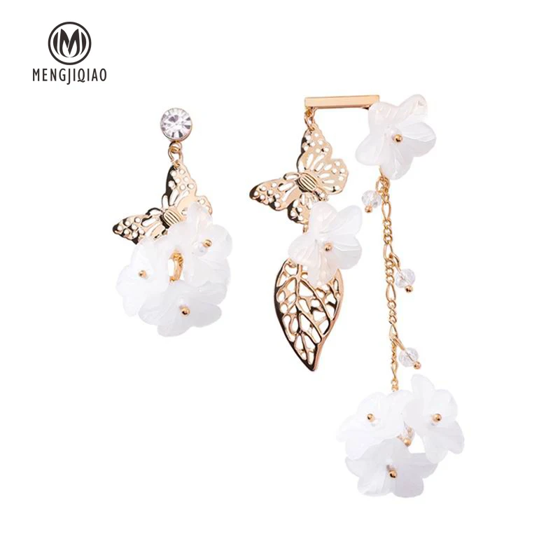

MENGJIQIAO 2018 New Hollow Metal Butterfly Acrylic Flower Asymmetric Earrings For Women Trendy Accessories Tassel Pendientes