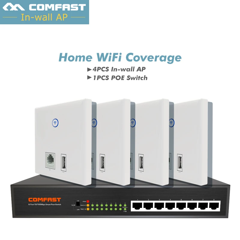 Дешевле набор для дома WiFi крышка решение, COMFAST 4 шт. CF-E536N стены AP 86 Panle + 1 шт. 8*10/100 fast 8 портов PoE коммутатор Ethernet