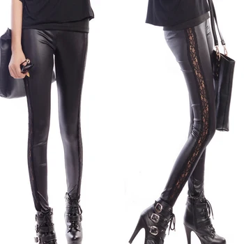 

LADIES SEXY WET LOOK LEGGINGS BLACK LACE SIDE SHINY LEATHER LOOK