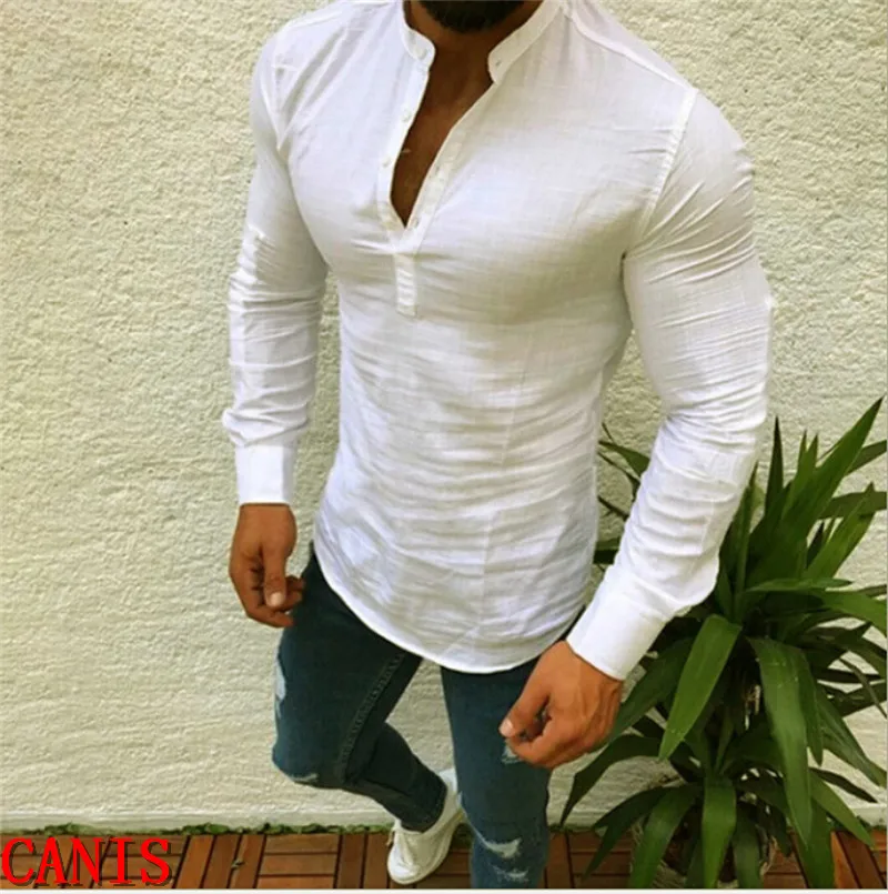 Брендовые мужские повседневные облегающие рубашки с v-образным вырезом, мужские тонкие рубашки, обычные хлопковые мужские футболки с длинным рукавом
