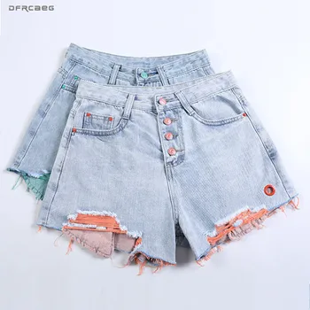 

Patchwork Woman High Waist Jean Shorts With Hole 2019 Summer Fashion Streetwear Ripped Denim Wide Leg Denim Shorts Female