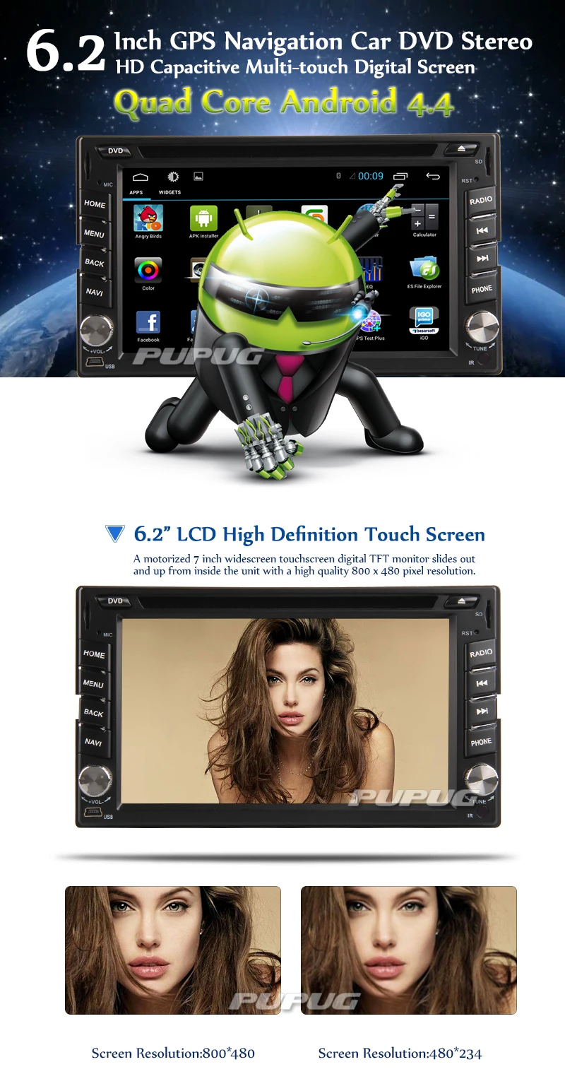 Android 4.4 GPS Map Antenna Head Unit Auto radio Double Din Car Stereo In Dash PC CD DVD Player Receiver Car Video System BT Audio Audio 6.2Inch Wi-Fi logo iPod Rear View Camera