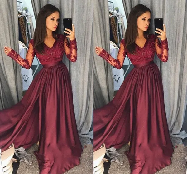 Elegant V-neck Long Sleeve Satin Prom Dresses Lace Sequin Zipper Back Formal Evening Dresses Vestido De Fiesta Special Occasion Dresses