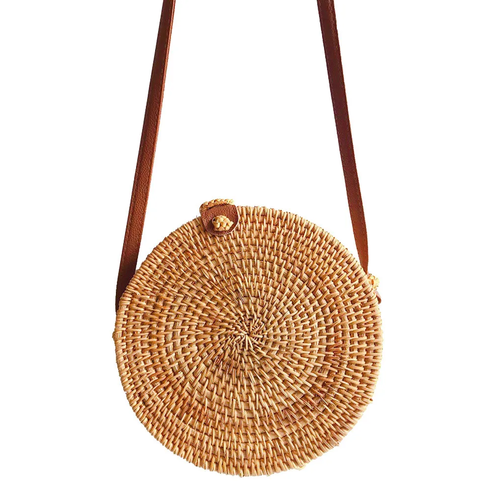 

Leather Handbag Women Messenger Bags Circle Handwoven Bali Round Retro Rattan Straw Beach Shoulder Bag Women Crossbody 2019