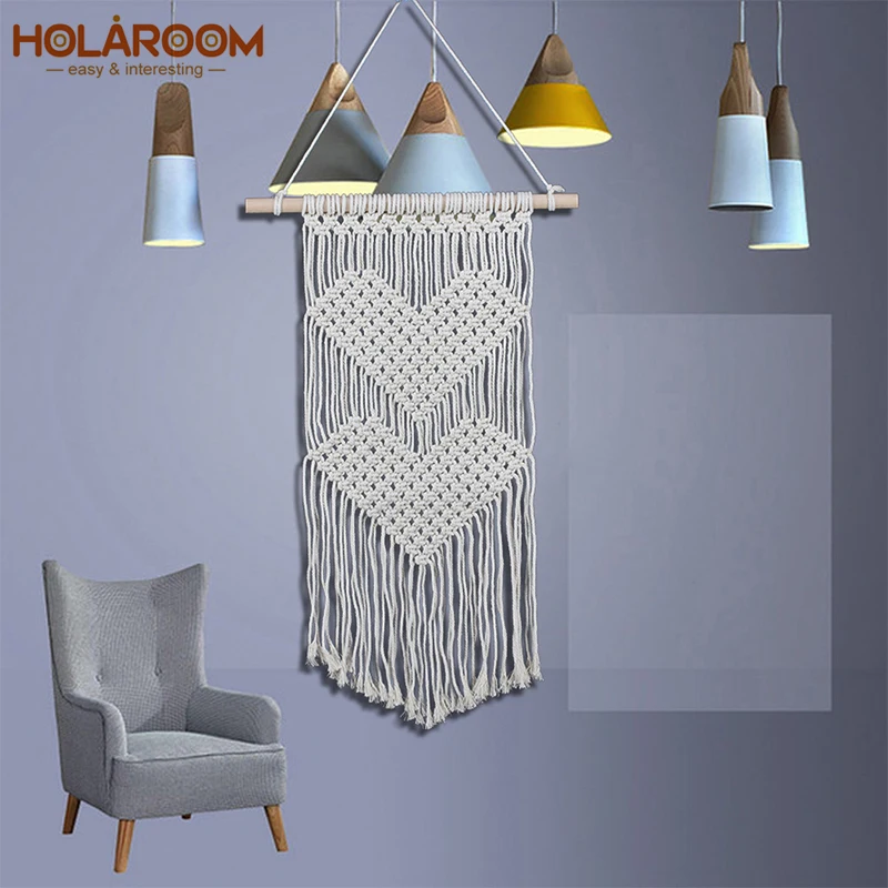 

Bohemian Style Wall Hanging Woven Macrame Tapestry Art Heart Pattern Home Decor Beige Cotton thread with Wooden Stick Tapestries
