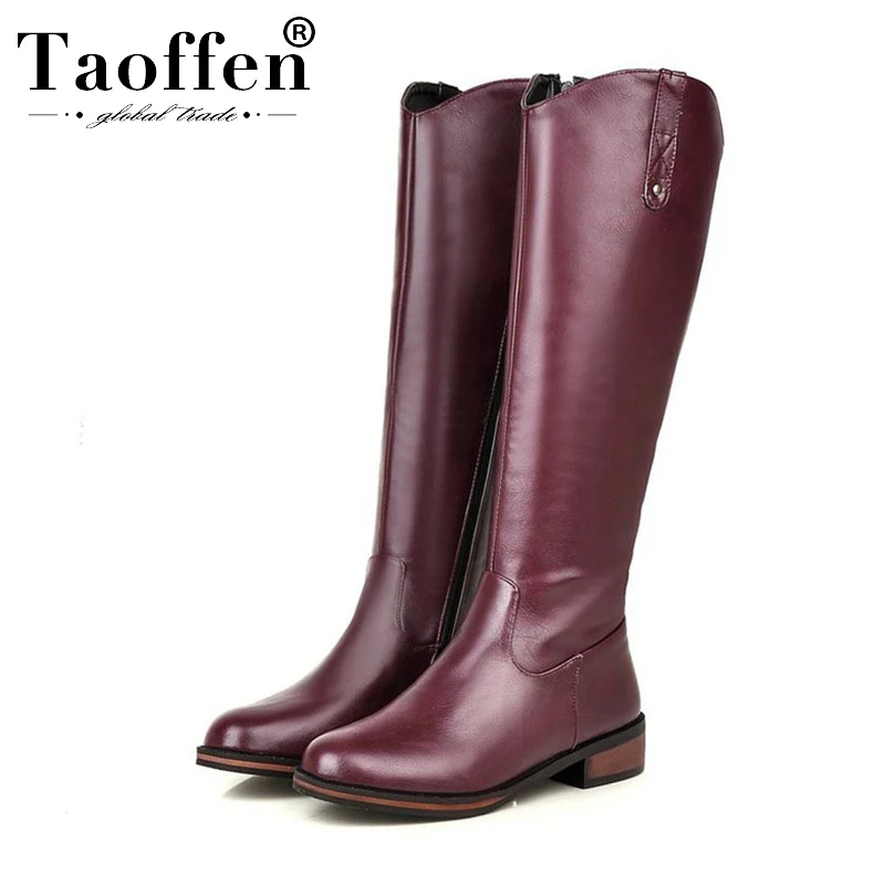 

Taoffen Side Zipper Women Knee High Boots Round Toe Solid Color Flats Shoes Winter Warm Pu Leather Women Footwear Size 32-43