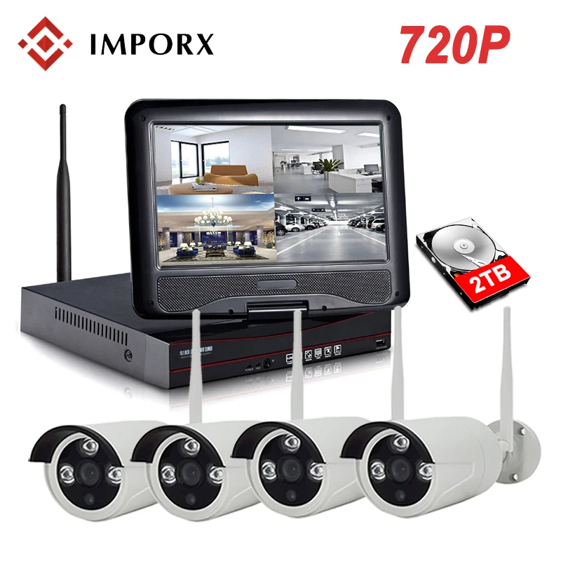 

IMPORX 4CH 720P Wireless NVR Kit With 10" LCD Monitor Screen Wifi CCTV System 1.0MP IP Camera Outdoor Security Surveillance Kit