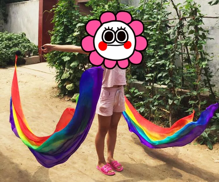 

1 Pair(2pcs Veil+2pcs Chain Ball) Belly Dance Silk Veil Poi Streamer Rainbow Dancewear Show Performance Props Free Shipping