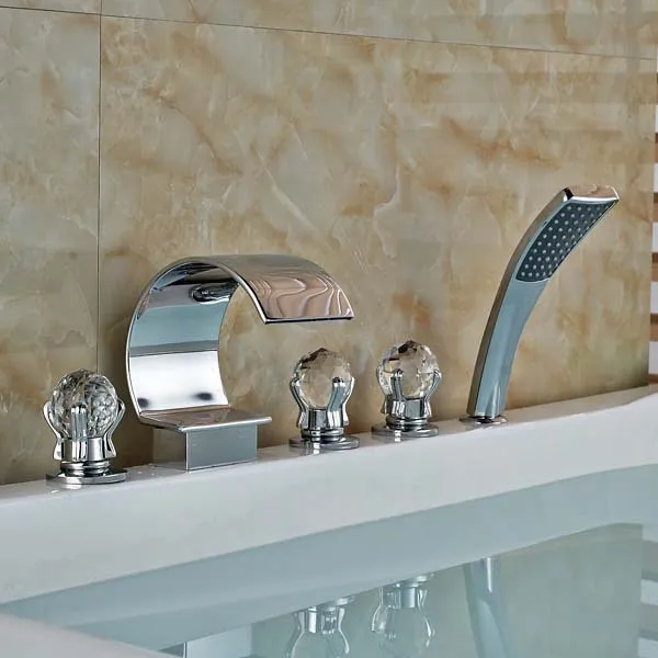 Crystal Ball Handles C Curved Waterfall Bathroom Tub Faucet Sink Mixer