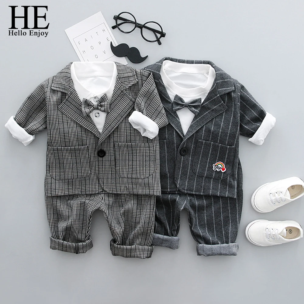 HE Hello Enjoy Toddler Boy Clothes Formal Party Birthday Suits Kids Bow Tops+Stripe Coat+Pants