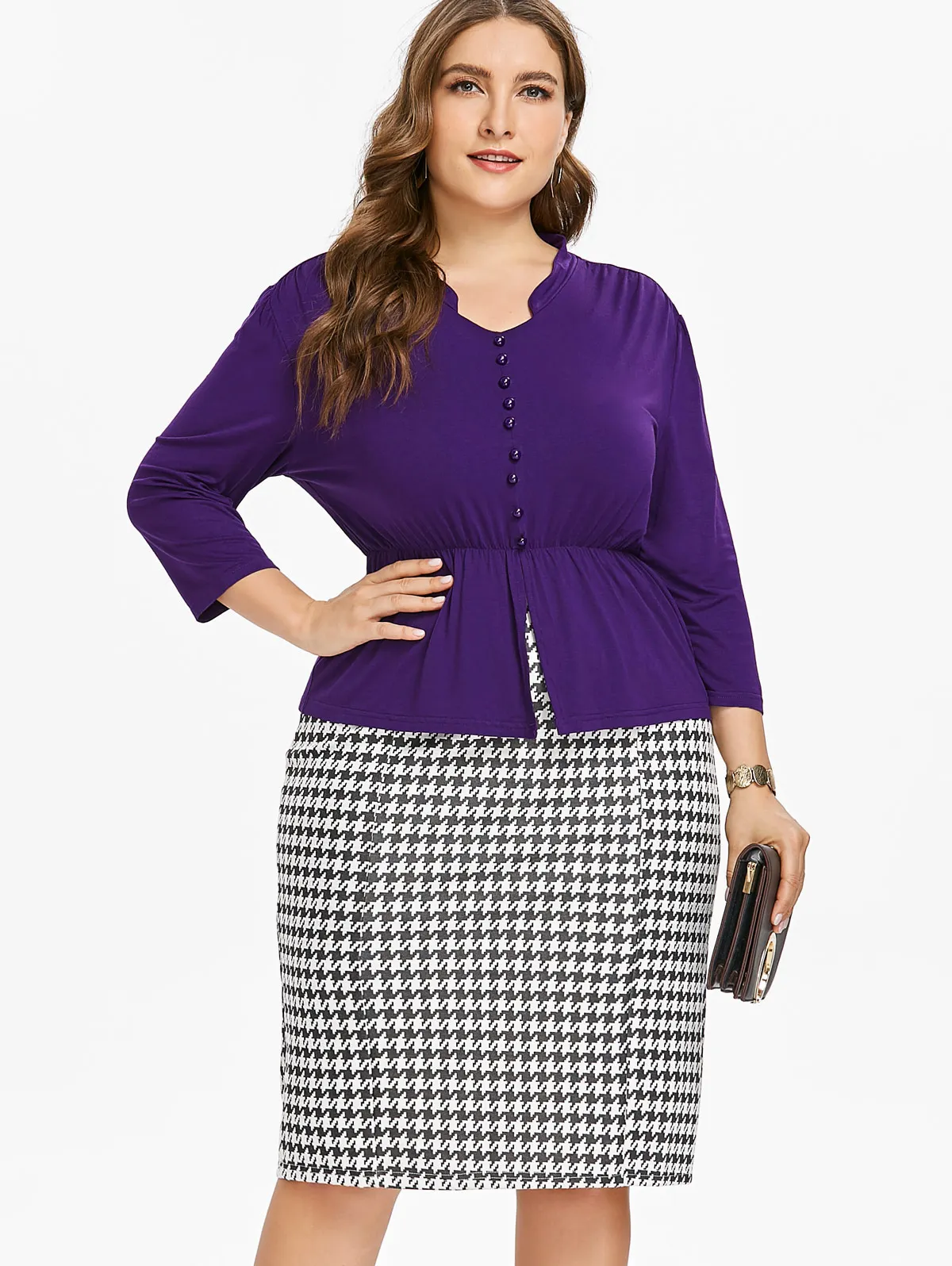 

Wipalo Plus Size Button Insert Top And Houndstooth Print Bottom Two Piece Dress Vintage Two Piece Bodycon Dress Suit Party Dress