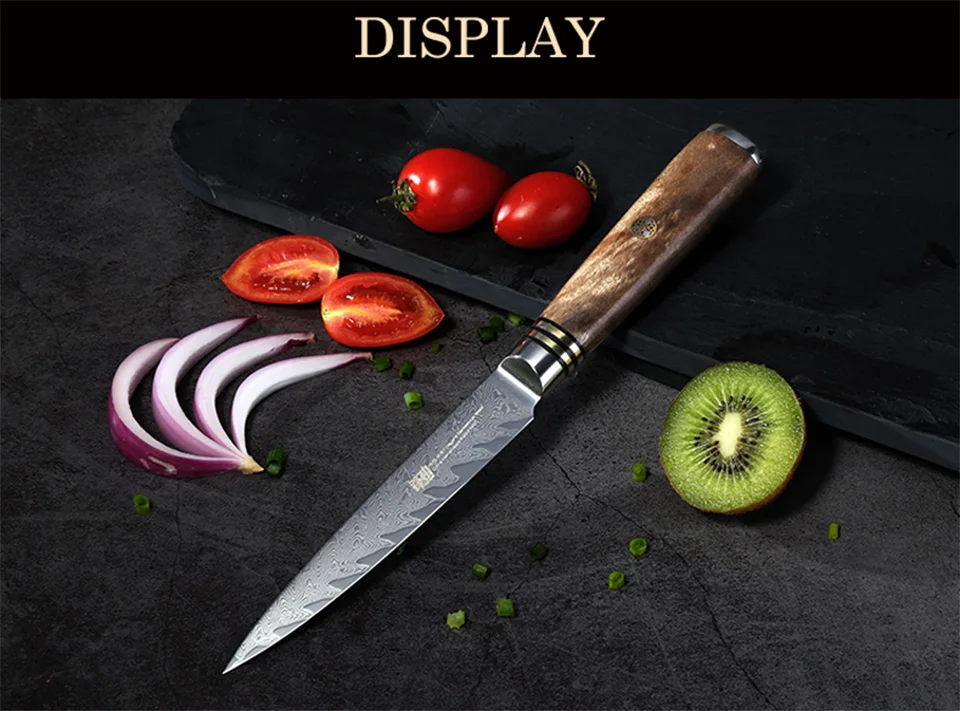 FINDKING AUS-10 damascus steel arrow pattern Sapele wood handle damascus knife 5 inch utility knife 67 layers fruit knives