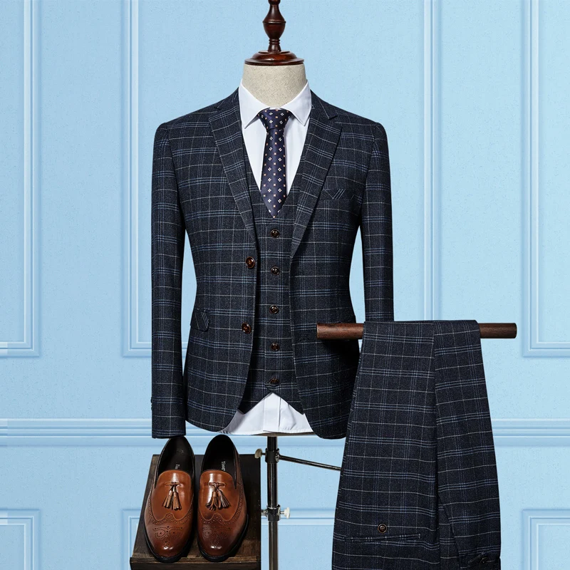 2017 Latest ( Jacket +Vest+Pants) Blue Black Plaid Suits ...