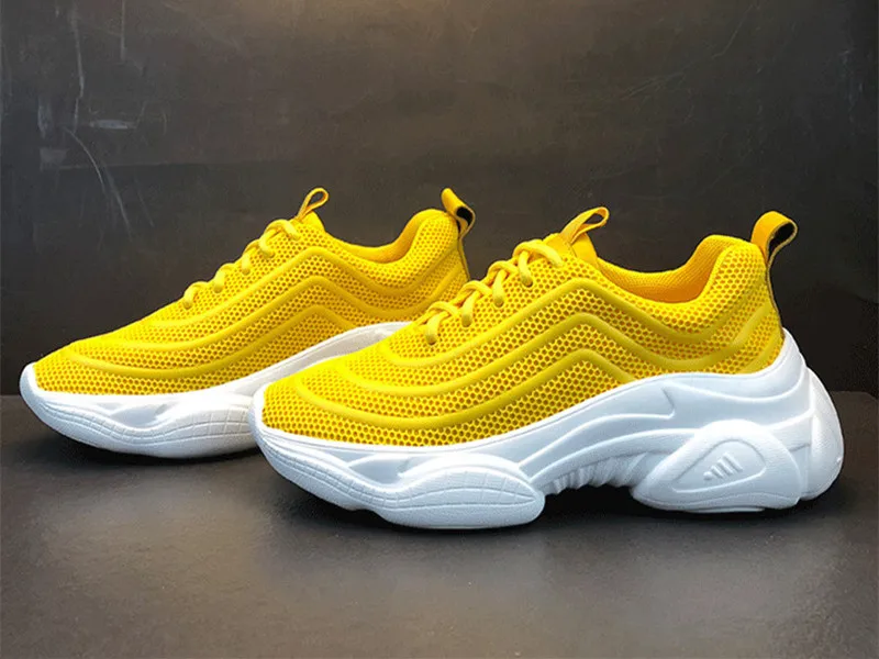 

Women Yellow Platform Sneakers Lace Up Breathable Walking Shoes White Ladies Height Increasing Zapatos De Mujer Valentine Shoe