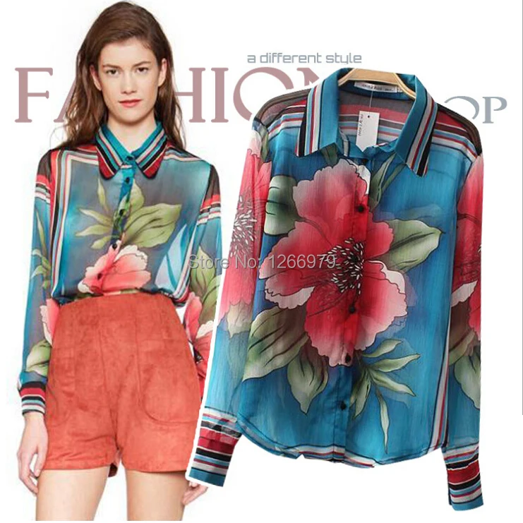 2014 Women Fashion Plus Size Work Wear Printed Blusas Femininas Blouse Clothing Woman's Body Sheer Chiffon Blusa Shirt Blouses |