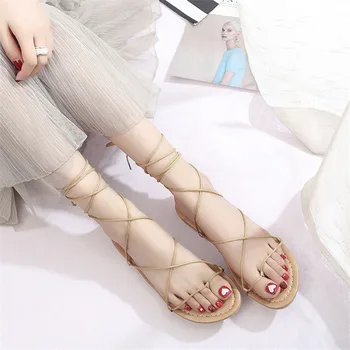 

Ho Heave 2019 Popular Women Slippers Fashion Casual Flat Platform Cross-tied Ankle Strap Solid Summer Outside Flat With Sandals