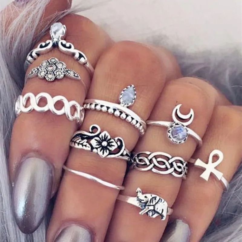 

10 pcs/set New Vintage Elephant Stone Gold Silver Color Ring For Women Personality Cheap Ring Jewelry Wholesale