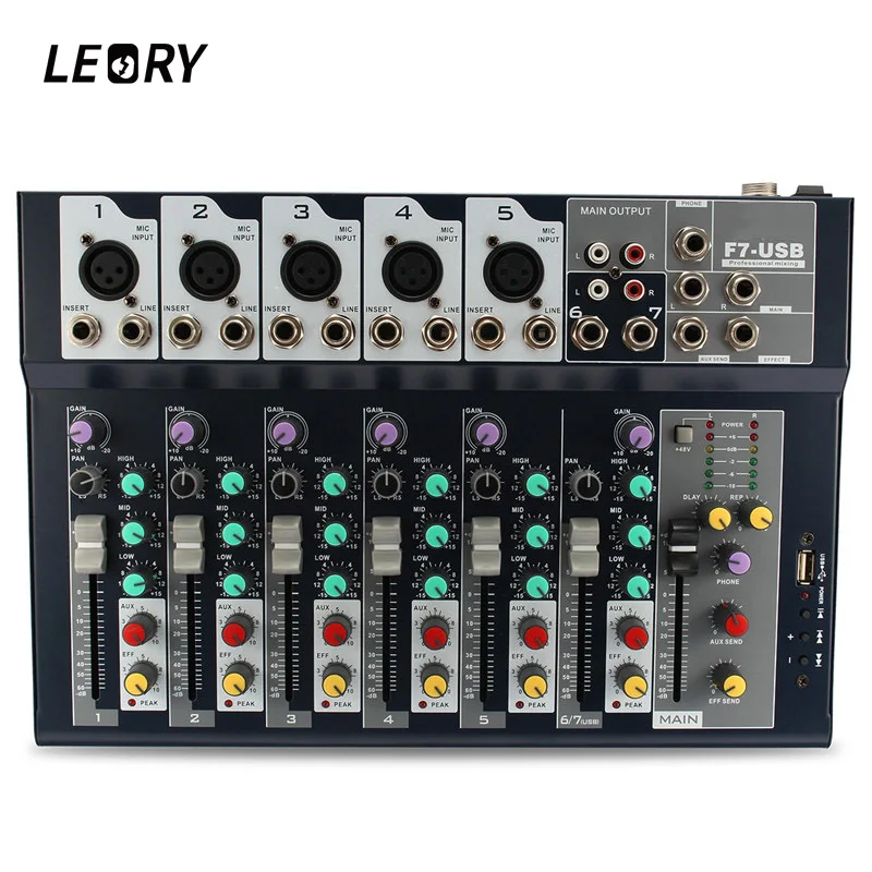

LEORY Professional Karaoke Audio Mixer 7 Channel Microphone Sound Mixing Amplifier Console With USB Built-in 48V Phantom Power