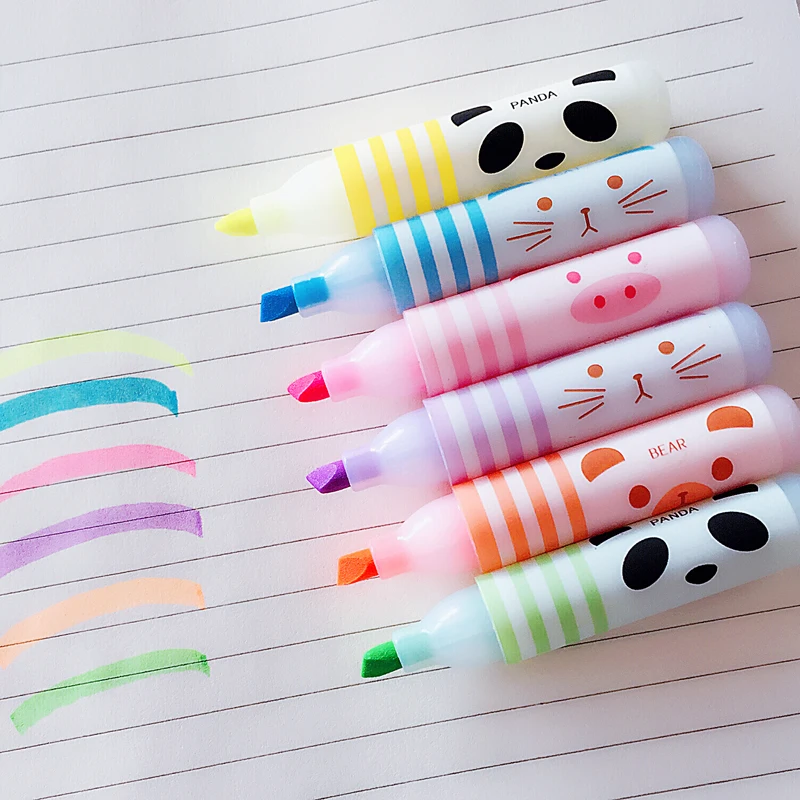 N14 Sada 6 roztomilých zvířat Panda Cat Mini zvýrazňovač barvy značkovací pero kreslení tekuté křídy papírnictví školní kancelářské potřeby