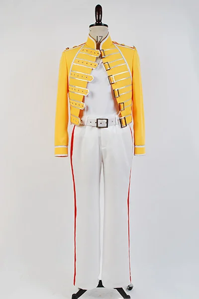 

High Quality Cosplay Queen Lead Vocals Freddie Mercury Men Yellow Jacket Coat White Pant Costume Cosplay Full Sets Any Size
