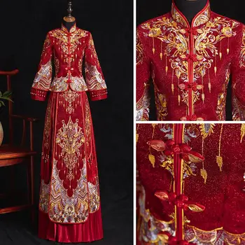 

Long Sleeve Ancient Vestidos Cheongsam Beads Novelty Women Qipao Costume Chinese Style Embroidery Evening Pleated Dress