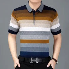 Летние мужские поло среднего возраста с коротким рукавом с отворотом, трикотажные полосатые рубашки поло, мужские классические высококачественные хлопковые рубашки homme