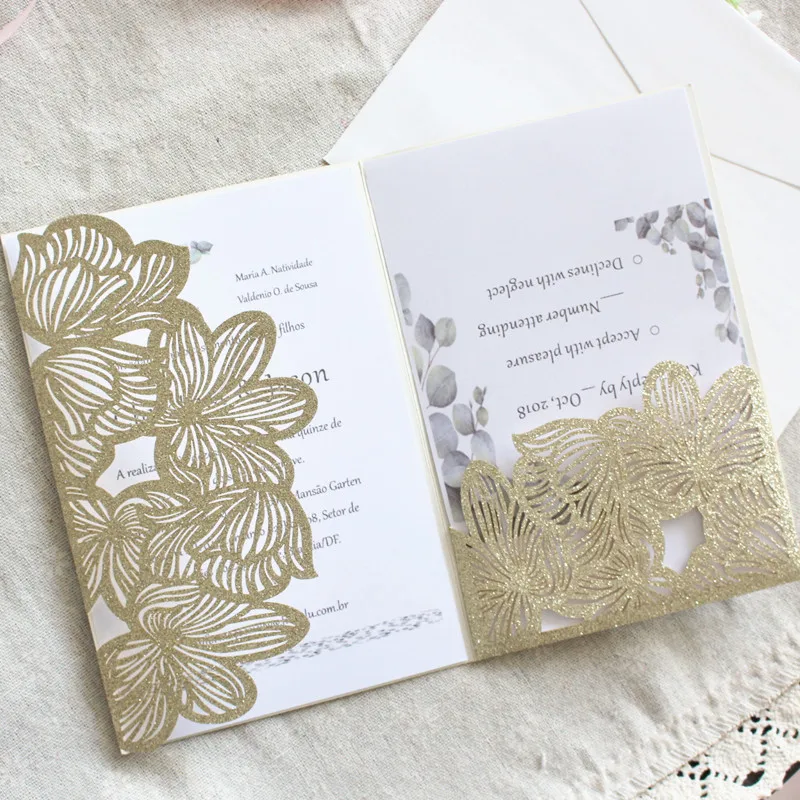 Розовое золото свадебные приглашения Блестящий Карманный складной Свадебный конверт персонализированные вставки карты RSVP