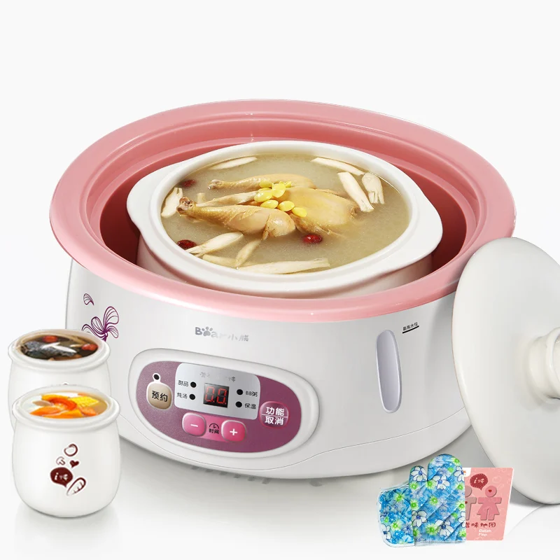 

White Porcelain Electric Slow Cookers of Reservation Function BB Mini Stew Pot for Porridge Soup with Artic Design Pink