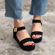 Women Summer Wedge Sandals High Platform Slides Female Flock Hook Loop Ankle Strap Casual Shoes For Girls Leisure Footwears