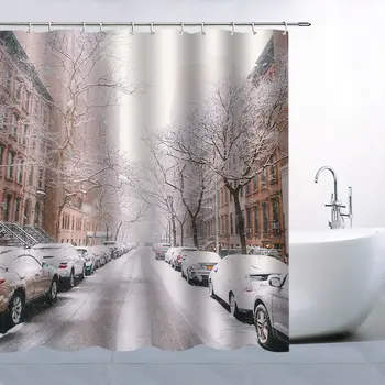 

Shower Curtain Set Winter Brown Buildings TreeTrunks Rows Of Cars & Road Covered With White Snow Bath Curtain Floor Mat