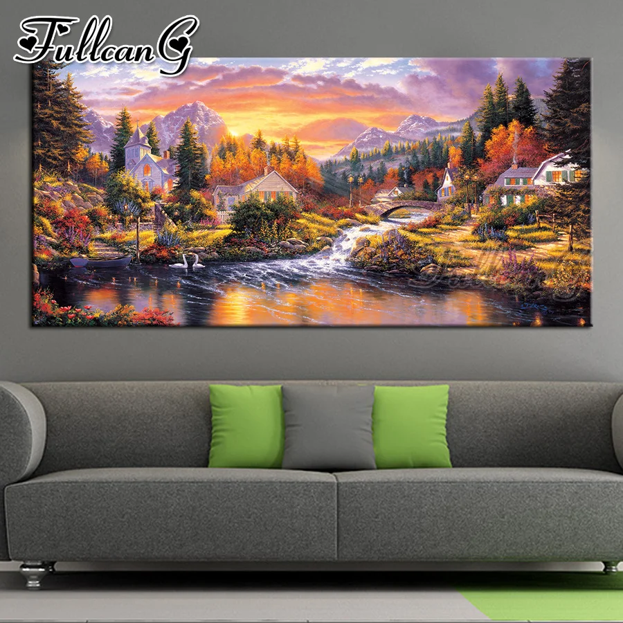 

FULLCANG full square/round drill large 5d diy diamond painting landscape & house mosaic embroidery sale river & duck art FC1270
