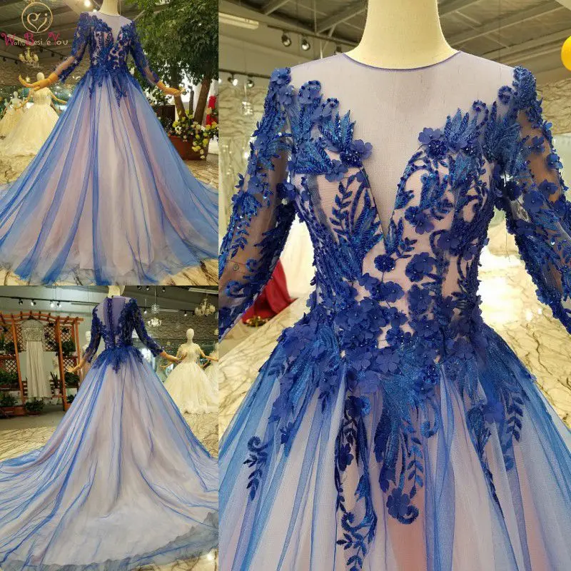 

Royal Blue Evening Dresses Beaded Lace Appliques Floral Ball Gown Three Quarter Sleeves Sweep Train Formal Prom Gowns 2019 Long