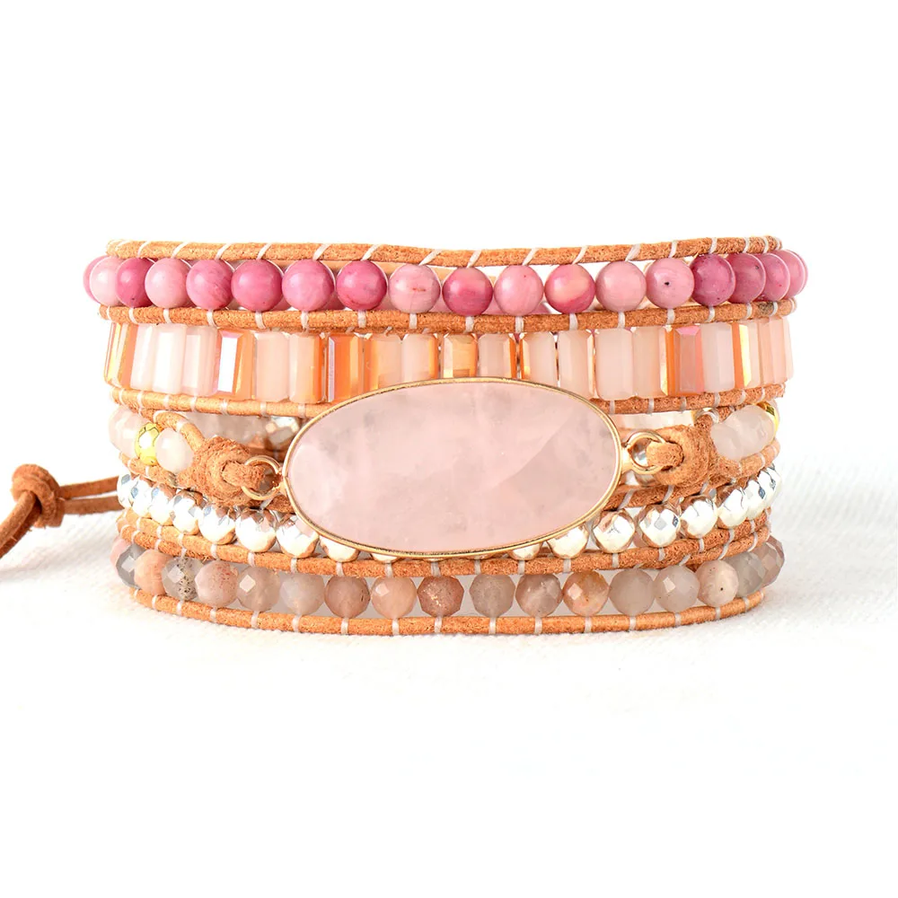 

Women Beads Leather Bracelet Natural Stones Pink Quartz Crystal 5 Strands Woven Wrap Bracelets Bohemian Bracelet Dropship