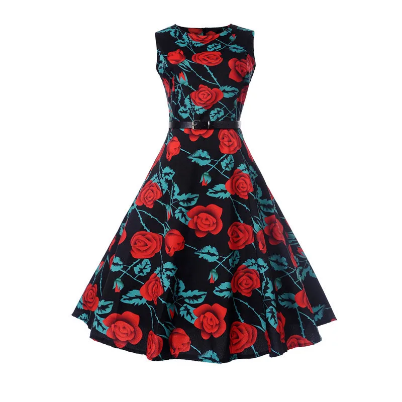 Летнее женское платье без рукавов с цветочным принтом винтажное платье ретро 50s 60s Robe Rockabilly Swing Pinup Vestidos Туника размера плюс - Цвет: 005