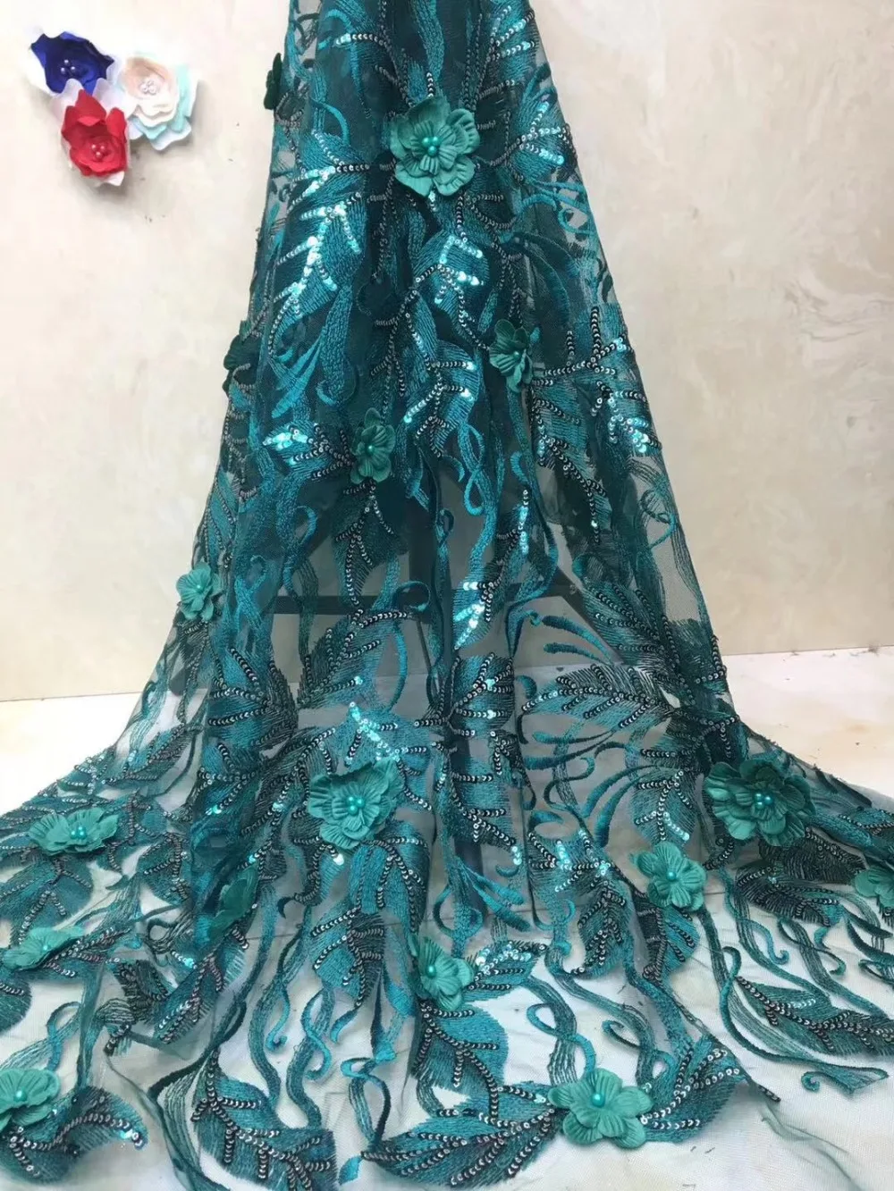

French lace fabric 5yds/pce dhl green 3d petals beaded sequins fabrics women bright gorgeous luxury dresses 2019 high quality