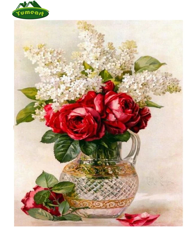 5D Full Diamond Painting Cross Stitch Glass Vase Embroidery Pattern Mosaic Red Flowers Picture Rhinestone Pastes | Дом и сад