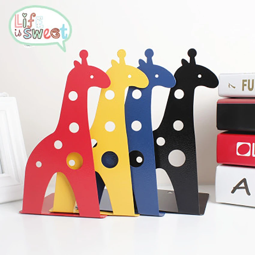 1 Pair Animal Giraffe Design Bookends Students Metal Iron Hollow Book Stands Cute Books Organizer Holder Office School Supplies one pair cute bearded desing bookends giant metal book stand korea creative stationery lovely shape door tuba bookends