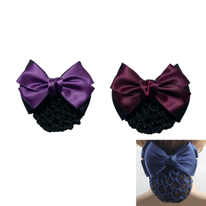 Satin Bow Rhinestone Barrette Lady Hair Clip Cover Bowknot Net Bun Snood butterfly hair clips