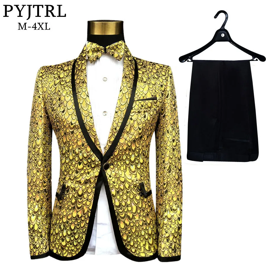 

PYJTRL Men Shawl Lapel 3 Pieces Set Gold Blue Silver Jacquard Scale Pattern Slim Fit Suits Hombre Wedding Groom Singers Costume