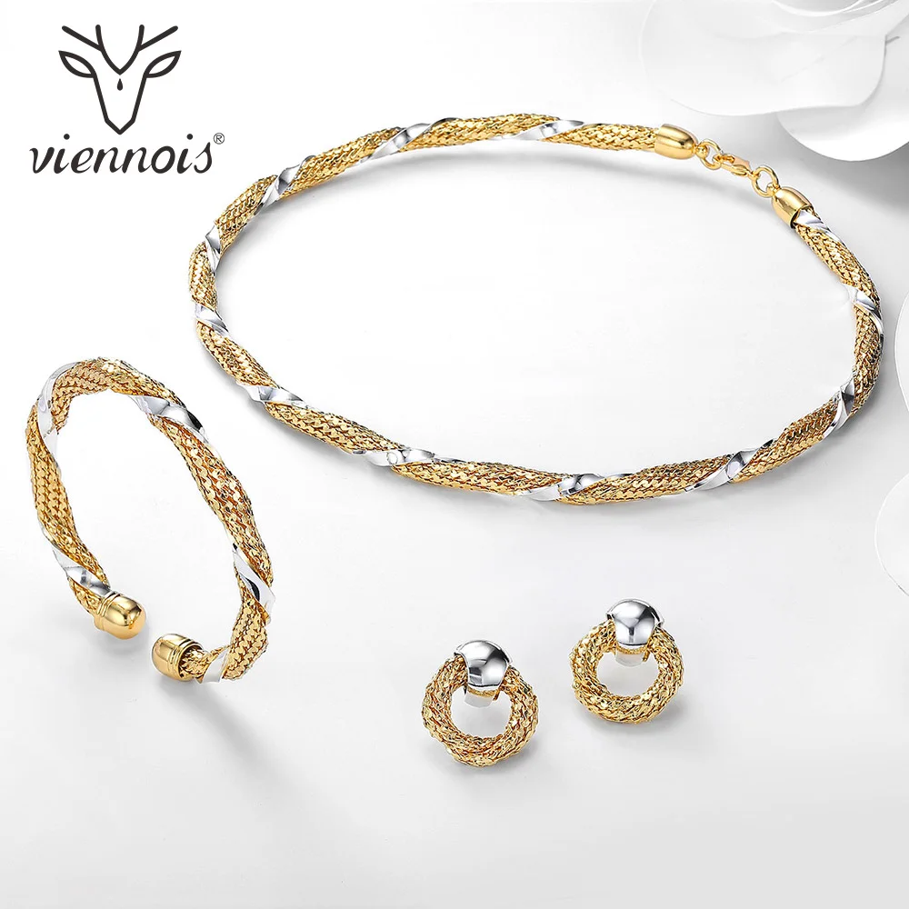 Viennois Gold Silver Color Jewelry Set for Women Round Stud Earrings Choker Necklace Cuff Bracelet & Bangles Female Party Set Viennois Gold Silver Color Jewelry Set for Women Round Stud Earrings Choker Necklace Cuff Bracelet & Bangles Female Party Set