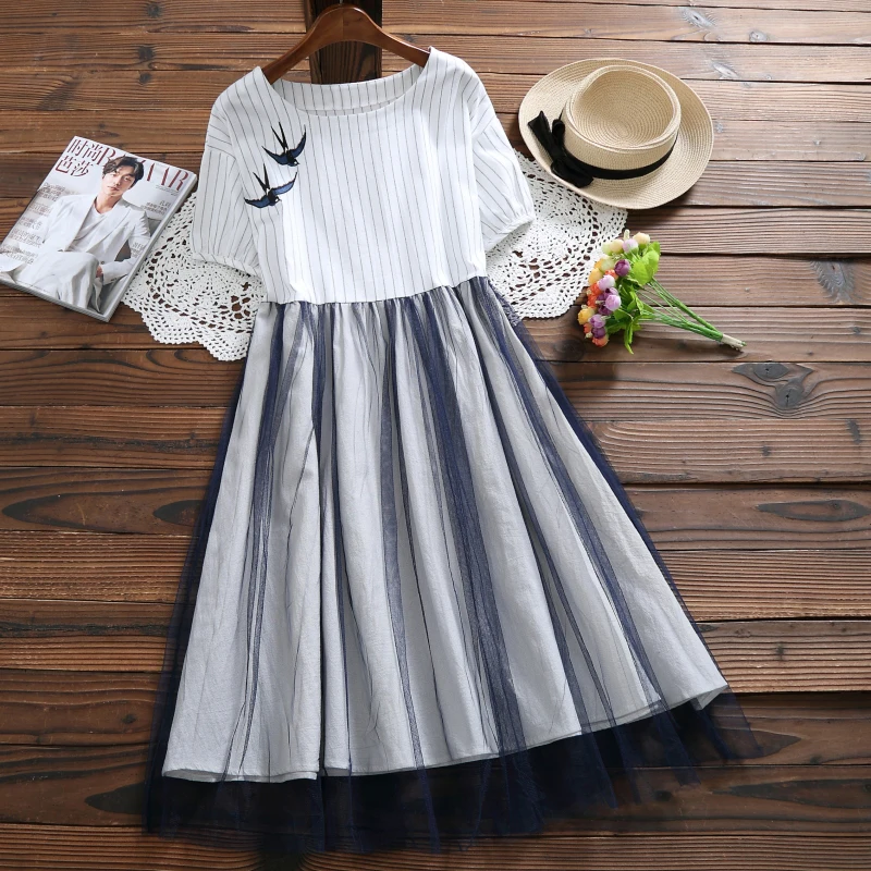 

Mori Girl Summer Women Casual Dress O Neck Stripe Embroidery Femininos Vestidos Short Sleeve Cotton Linen Mesh Dress