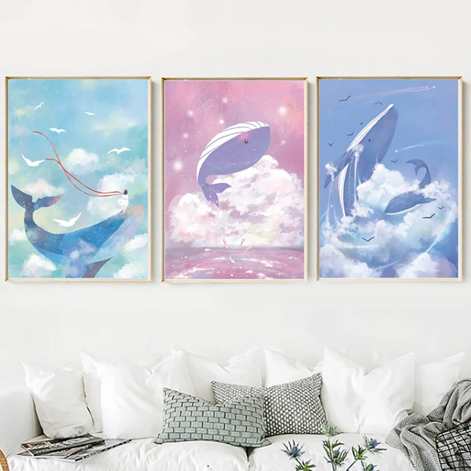 Nordic-Cartoon-Whale-Girl-Sky-Cloud-Posters-And-Prints-Wall-Art-Canvas-Painting-Watercolor-Wall-Pictures (1)